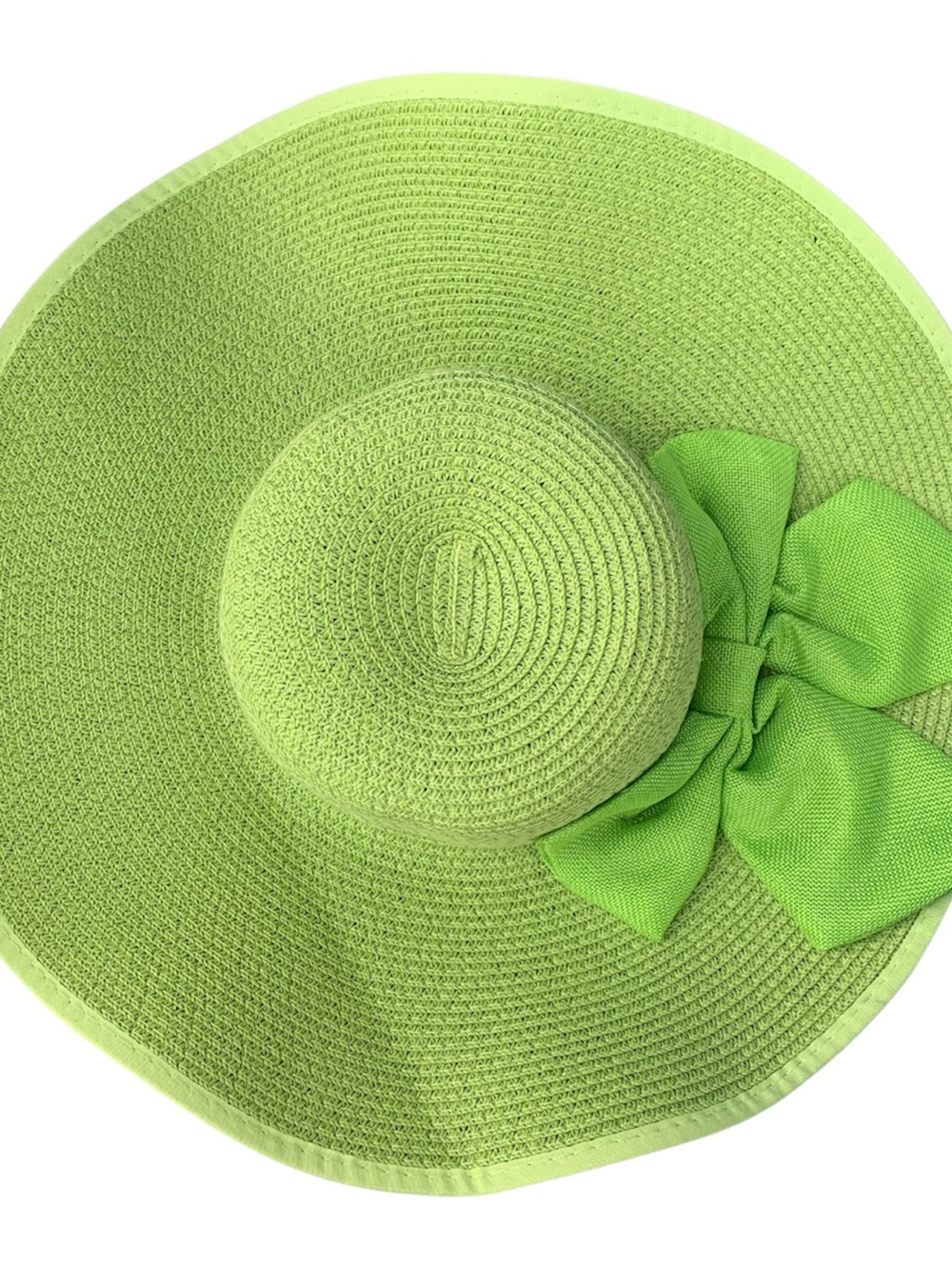 Lime Wide-Brim Straw Sun Hat with Decorative Bow
